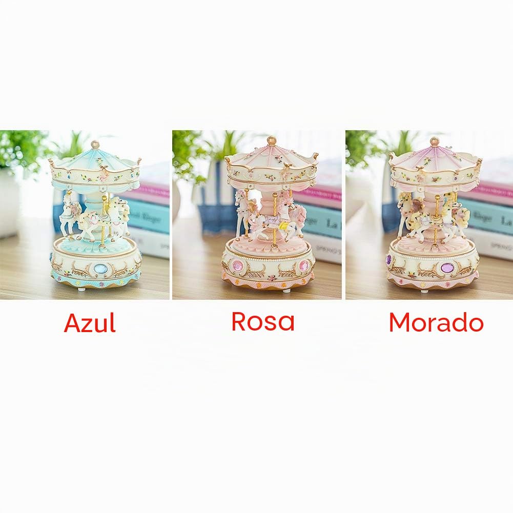 MOVKZACV Caja de música para niñas, carrusel de 3 caballos, giratoria, regalo musical para hija, cumpleaños, Navidad, festival, caja de música (rosa)
