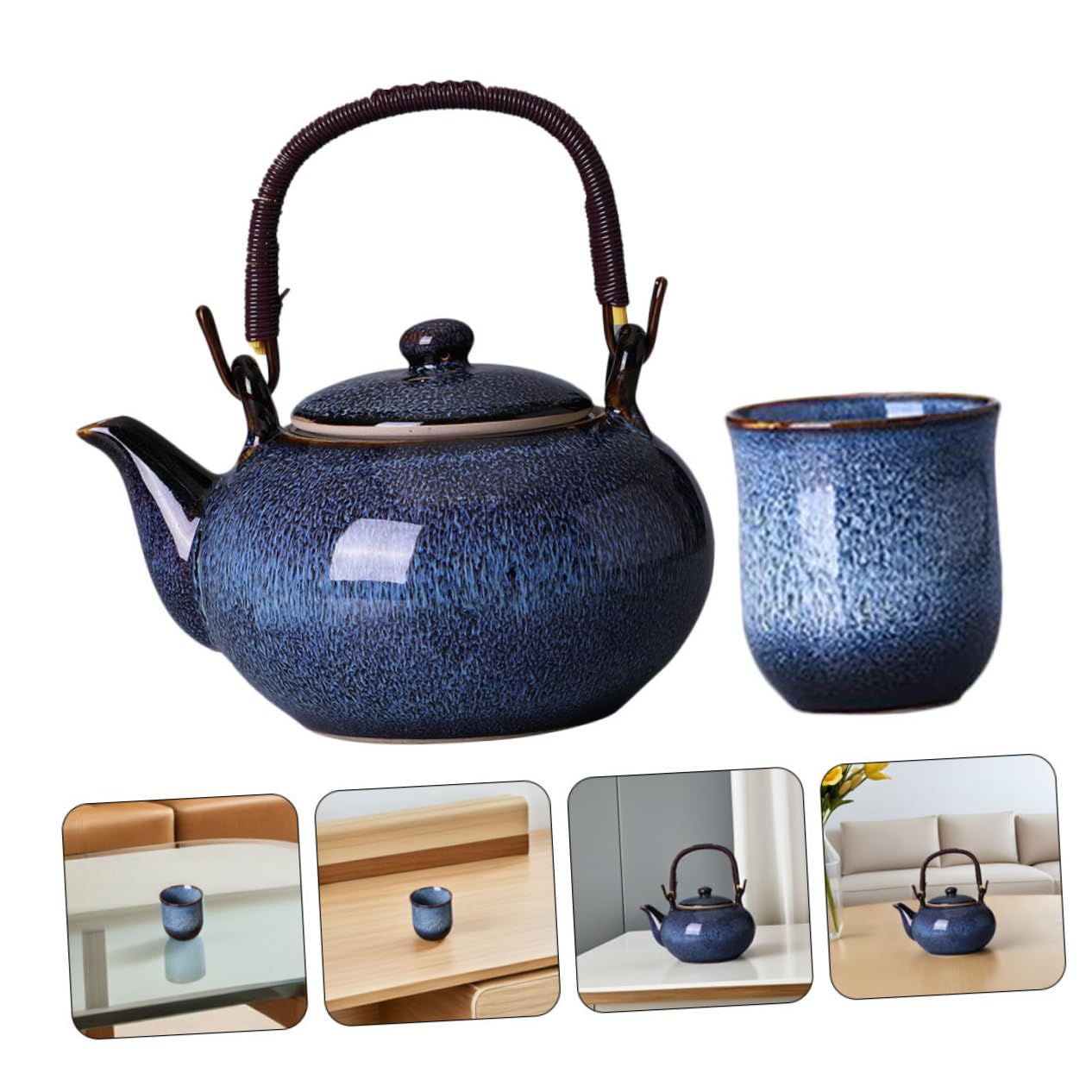 GALPADA Té con Tetera y Asa de Cerámica Esmaltada al Horno Incluye Tazas Hogar Oficina Estilo Chino Tradicional para Adultos