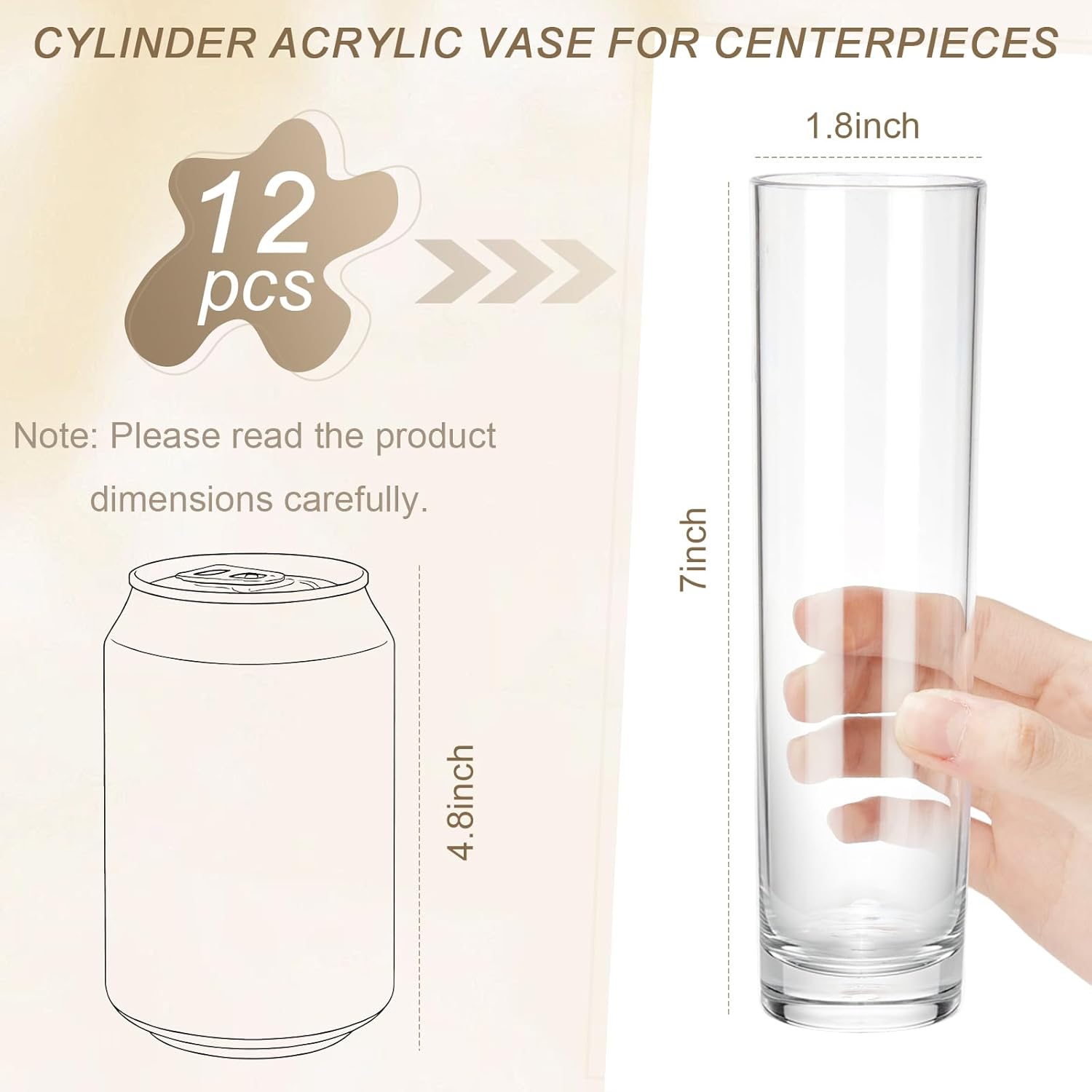 12 Pcs Acrylic Cylinder Bud Vases for Centerpieces, Acrylic Plastic Tall Flower Vase Clear Small Vases Bulk for Single Rose Table Centerpiece Wedding Home Indoor Desk Office Party Decorations