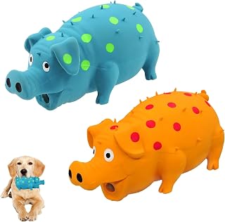 Andiker 2PC Dog Squeaky Toys, 8" Latex Dogs Chew Toy with Oinks Sound Grunting Pig Dog Toy for Dental Biting, Chasing to Kill Boring Time (Blue,Orange)