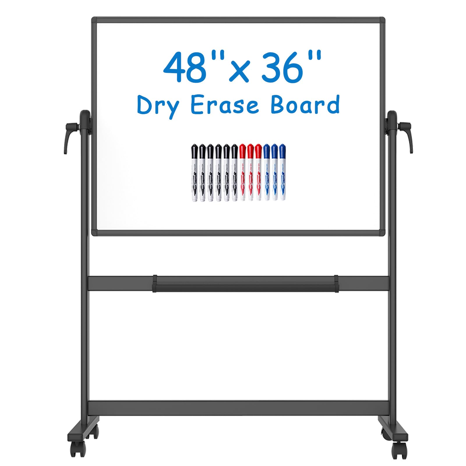 VIZ-PRO Doppelseitiges Magnetisches Mobiles Whiteboard, 120 x 90 cm, Schwarzer Aluminiumrahmen und Ständer mit 12 Markern
