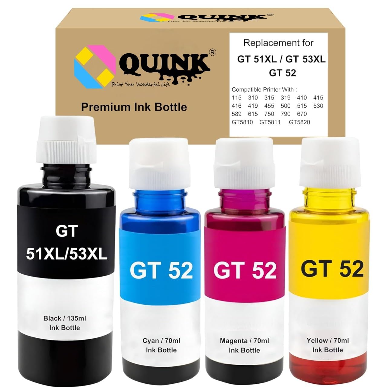 See full amazon price history chart for QUINK Refill Ink for HP Ink Tank Printers, Compatible with GT51XL/53XL, GT52, 115, 310, 315, 319, 410, 415, 416, 419, 455, 500, 515, 530, 589, 615,GT5810, GT5811, GT5820 (GT51XL + GT52CMY) QUINK Refill Ink for HP Ink Tank Printers, Compatible with GT51XL/53XL, GT52, 115, 310, 315, 319, 410, 415, 416, 419, 455, 500, 515, 530, 589, 615,GT5810, GT5811, GT5820 (GT51XL + GT52CMY) (B0D8KVZ77N) Amazon Price History, Amazon Price Tracker