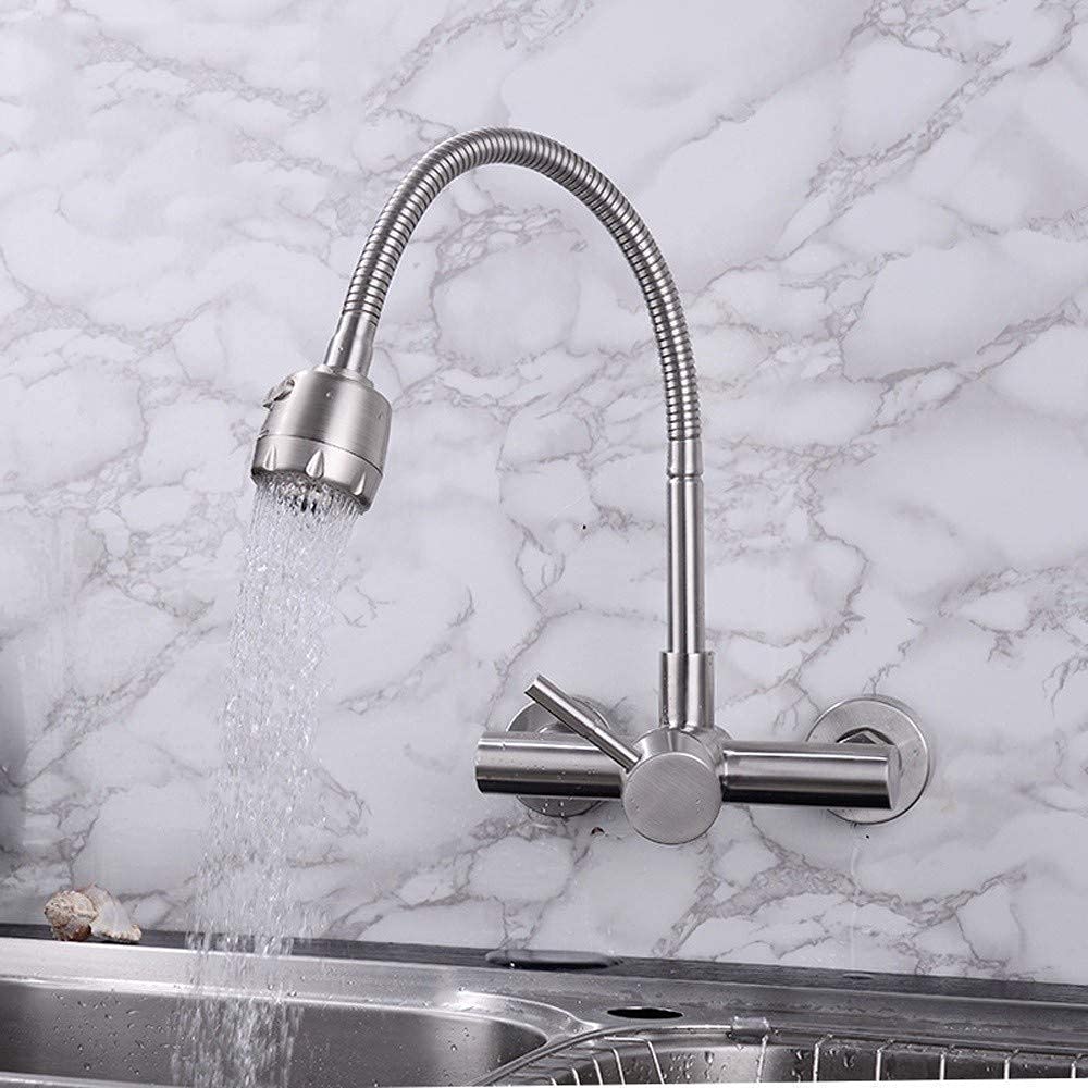 Grifos Monomando para Fregadero, Grifo Giratorio de Cocina, Acero Inoxidable Sus en la Pared, Fregadero de Tubo Universal de Calor frío, grifos de Doble Orificio, Grifo de Agua de efluente