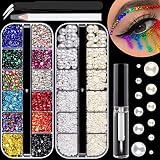 Colorful Flatback Face Gems and White & Beige Pearls for Makeup with Quick Dry Glue, Half Round Pear