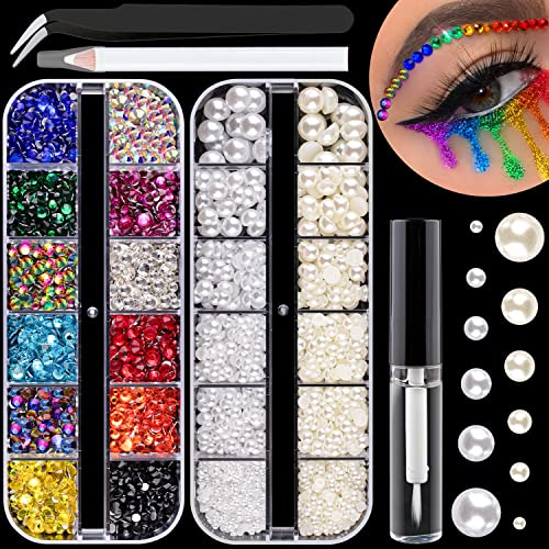 Colorful Flatback Face Gems And White & Beige Pearls For Makeup With Quick Dry Glue, Half Round Pearls Nail Art Rhinestones Glass Crystal Beads For Make-Up Deco With Pickup Pencil + Tweezer #TOP17