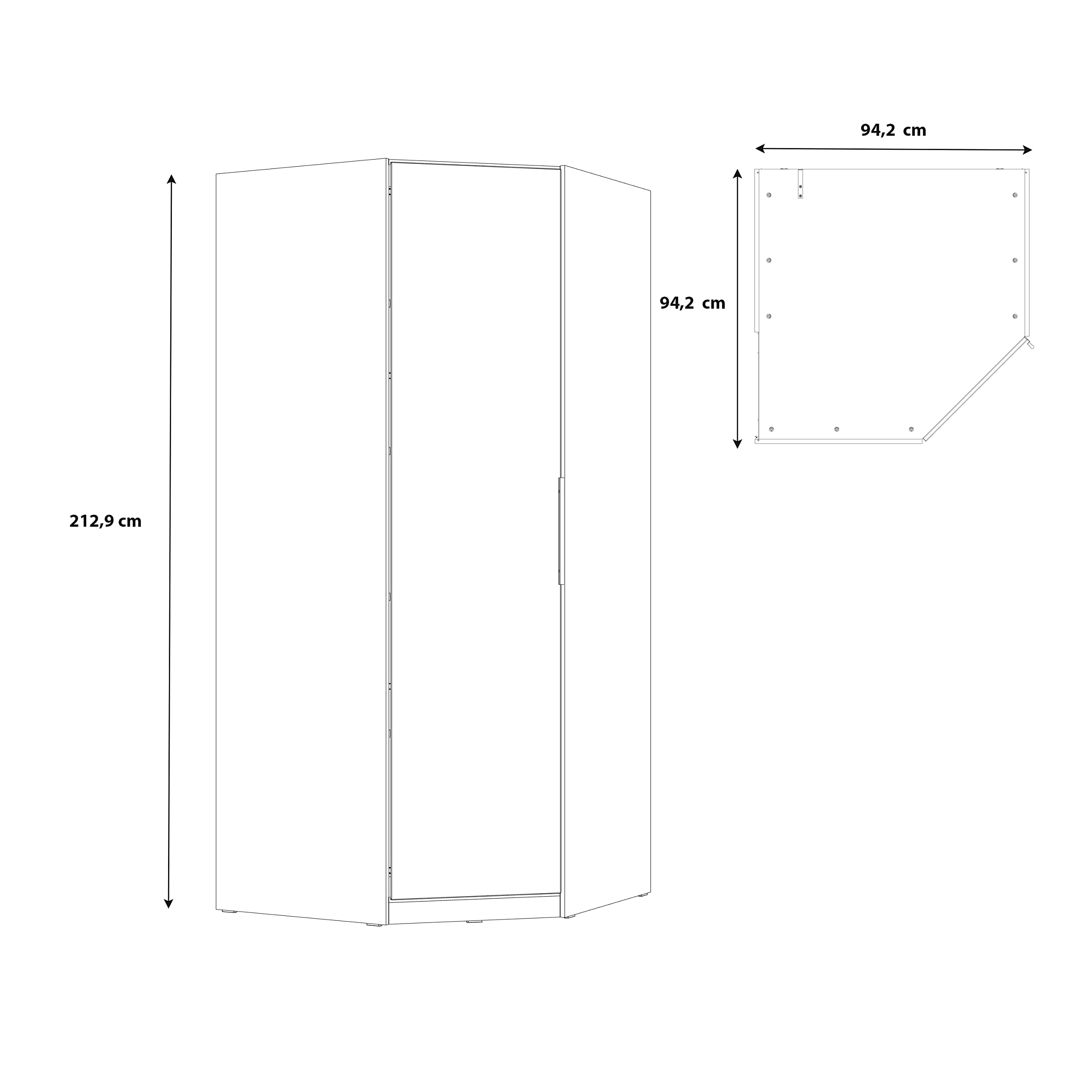 FORTE CADIXO Eckschrank 95, Eckkleiderschrank Skandinavisch Drehtürenschrank, 1-türig mit Einlegeböden und Kleiderstange, Holzdekor: Sonoma Eiche, 94 cm breit x 213 cm hoch x 94 cm tief
