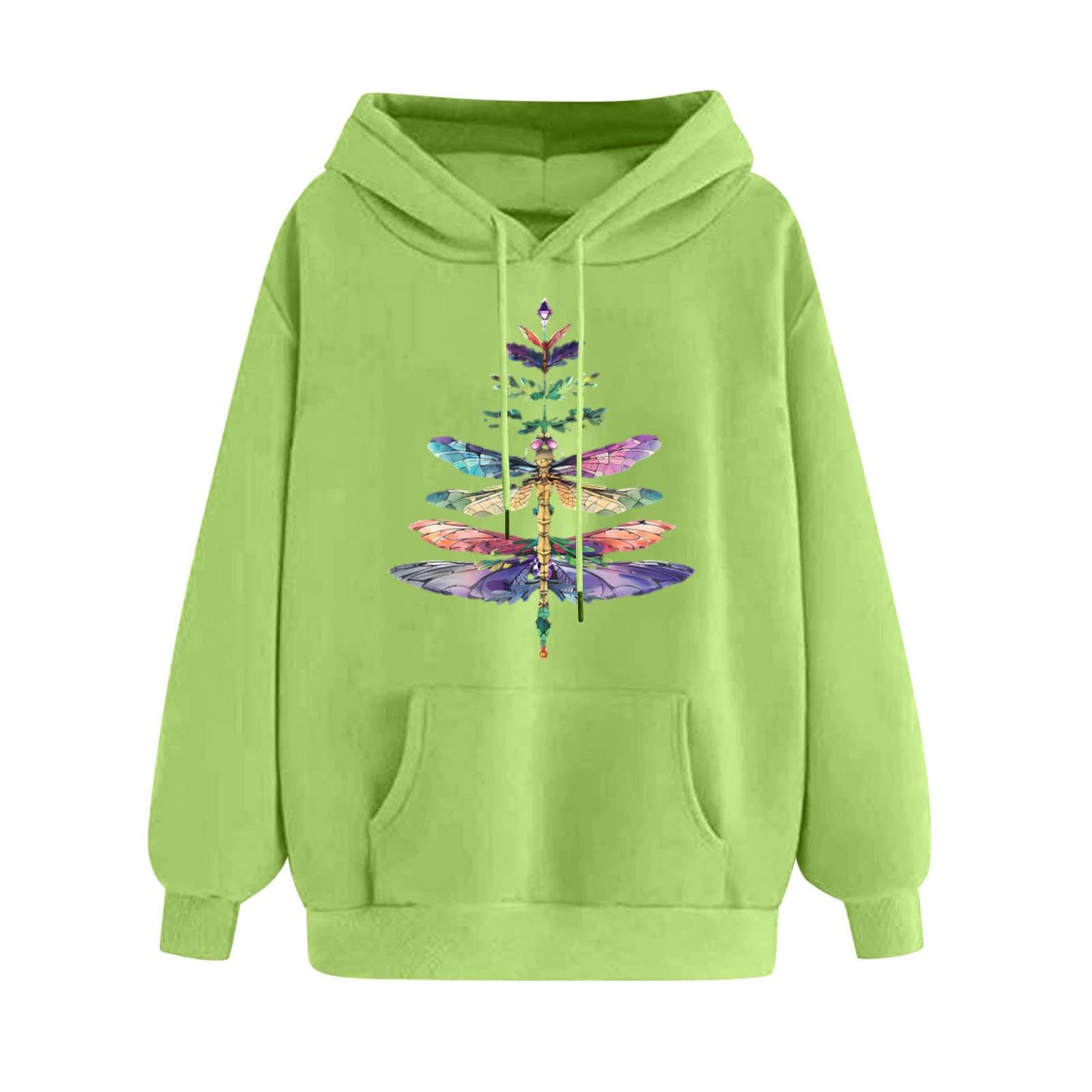 Sweatshirt for Women Winter Fashion Print Graphic Drawstring Hoodies Solid Loose Fit Tops Fall Outfits with Pocket