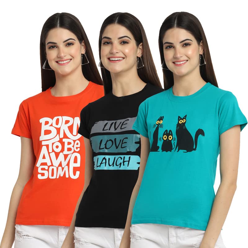 Image of Preneum Women's Cotton Regular Fit Graphic Stylish Printed Short Sleeves Casual T-Shirt || Trend Styles & Style (Pack 3), Orange & Black & Blue, M
