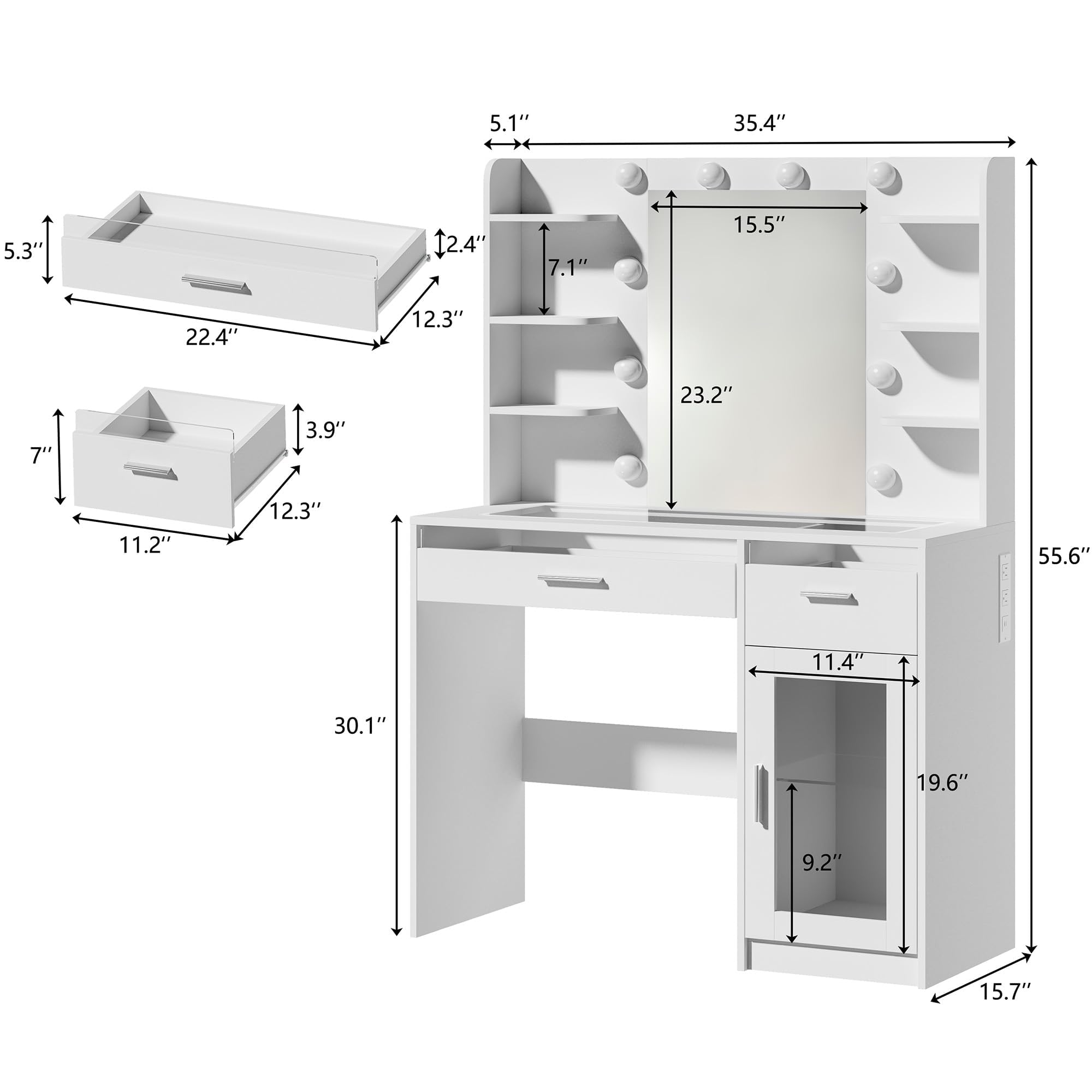 HUAHUU Vanity Desk with Mirror and Lights, Makeup Vanity Desk with Lights 3 Colors, Transparent Top Vanity with 2 RGB Drawers, 6 Shelves, Large Tempered Cabinet, Power Outlet, for Bedroom, White: Black