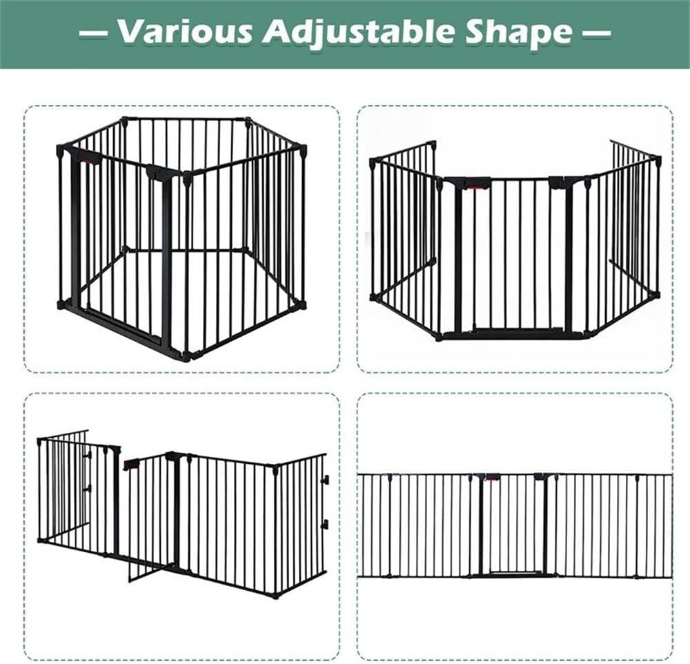 Pemberly Row Steel Fireplace Safety Fence Hearth Gate, Black Finish, 5-Panel Adjustable Design with Walk-Through Door, Heavy-Duty Construction, Contemporary Style for Indoor Use