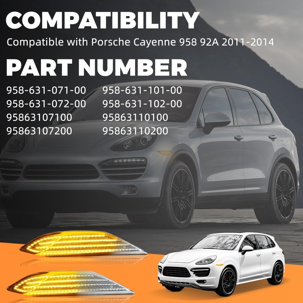 Amber Side Marker Light, Compatible with Porsche Cayenne 958 92A 2011-2014, 95863107100/95863107200, Clear Cover Pulsating Amber Front Side Marker Light, Clear Lens Dynamic Light