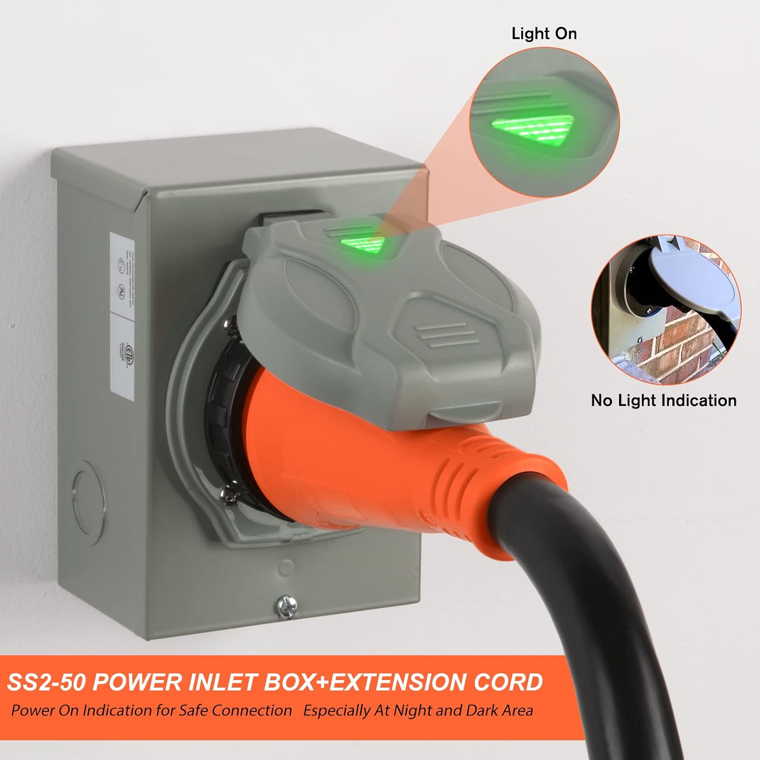 WELLUCK 50 Amp Emergency Power Combo Kit with SS2-50 Inlet Box and 50 FT Power Cord, 50A Generator Power Inlet Box, NEMA 14-50P to SS2-50R RV Power Extension Cord w/Grip Handle, ETL Listed
