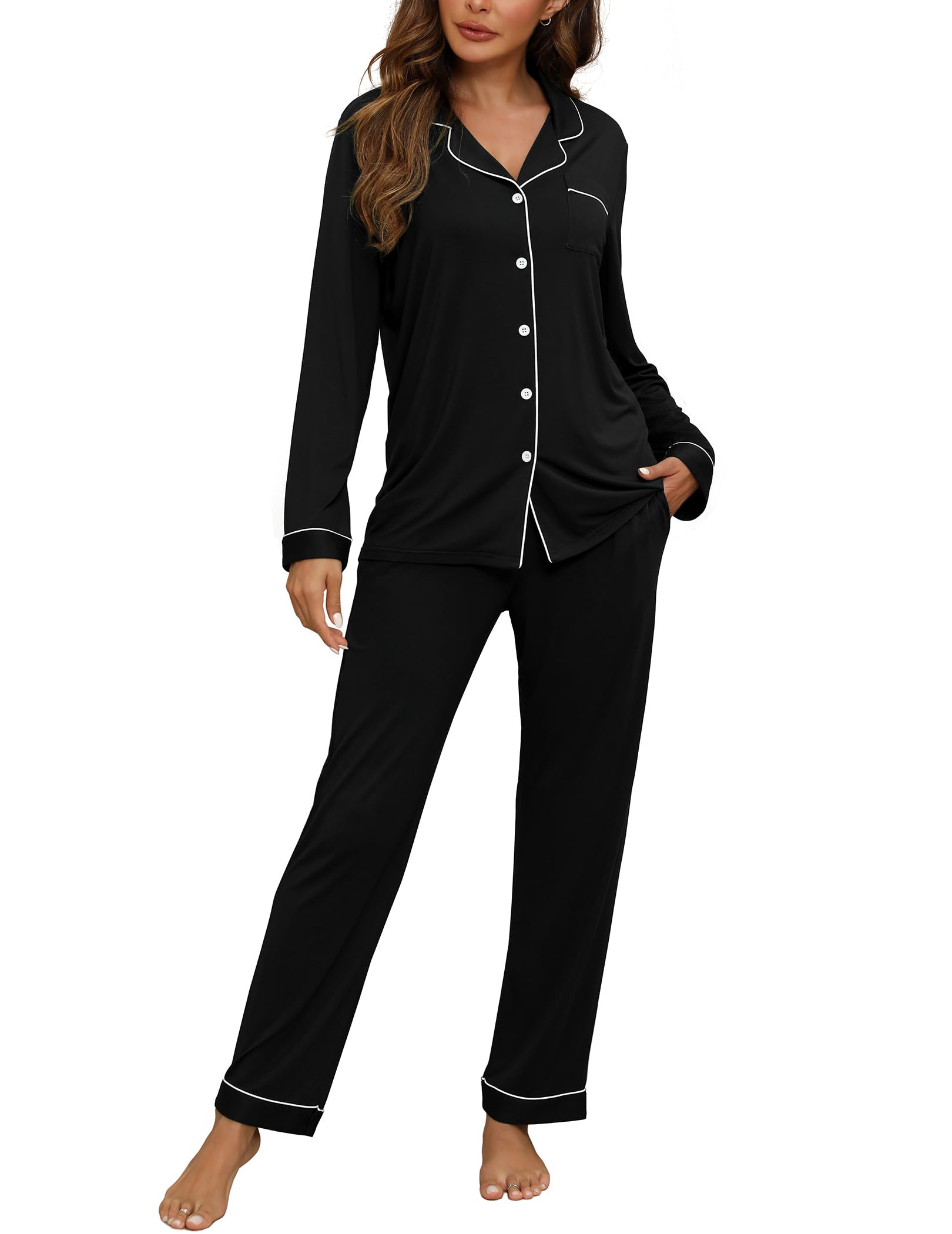 ZMJ Womens Pajamas Sets 2 Piece Long Sleeve and Pant Pj Sets Button Up Sleepwear