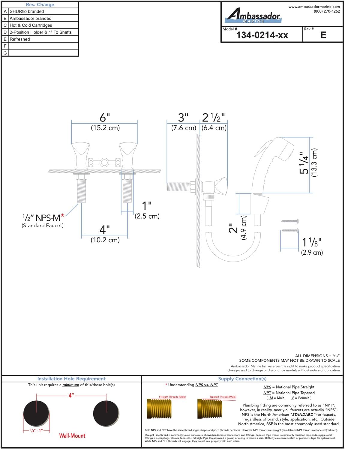 Ambassador Marine Trinidad- 2H External Shower Mixer (Small Black Sprayer, 6' White Rubber Hose) (Chrome/Black) - 134-0214-CK-W
