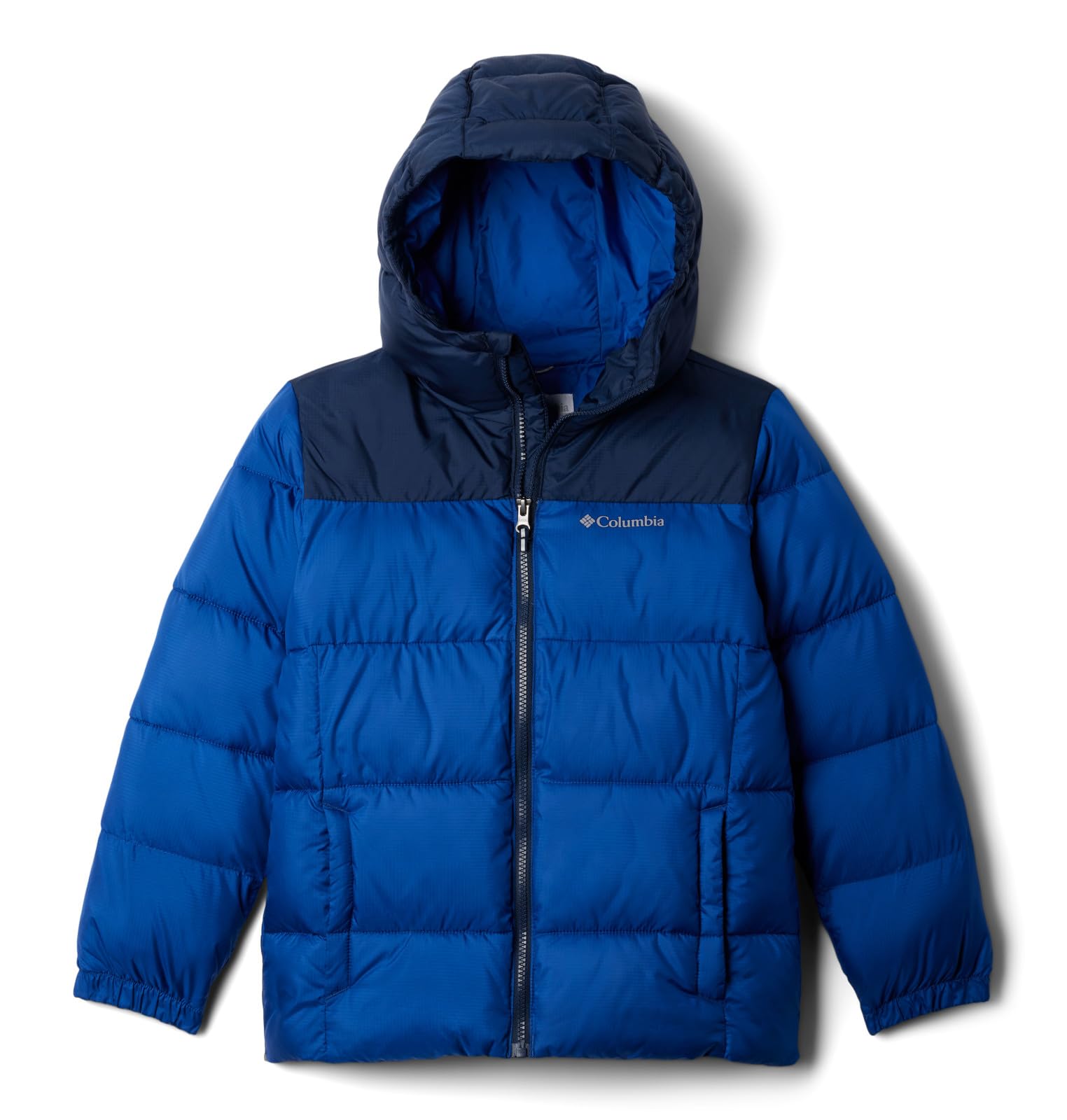 Columbia Youth Puffect Hooded Jacket, Hooded Puffer Jacket, Mountain Blue/Collegiate Navy, Medium