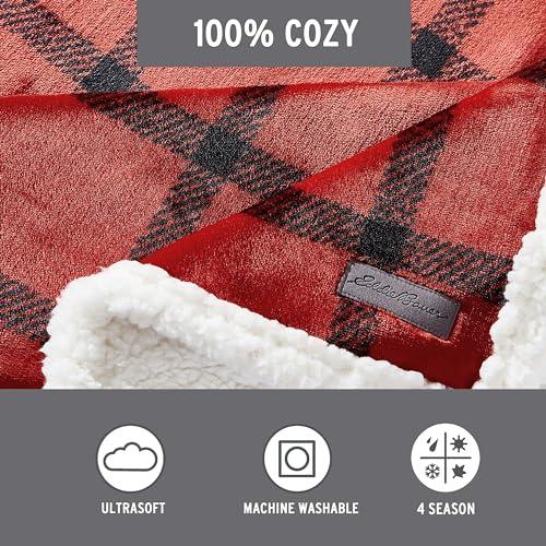 Image of Eddie Bauer - Throw Blanket, Brushed Fleece & Plush Sherpa Soft Bedding, Blanket for Couch & Bed (Bunkhouse Plaid Red, 50 inch x 60 inch)