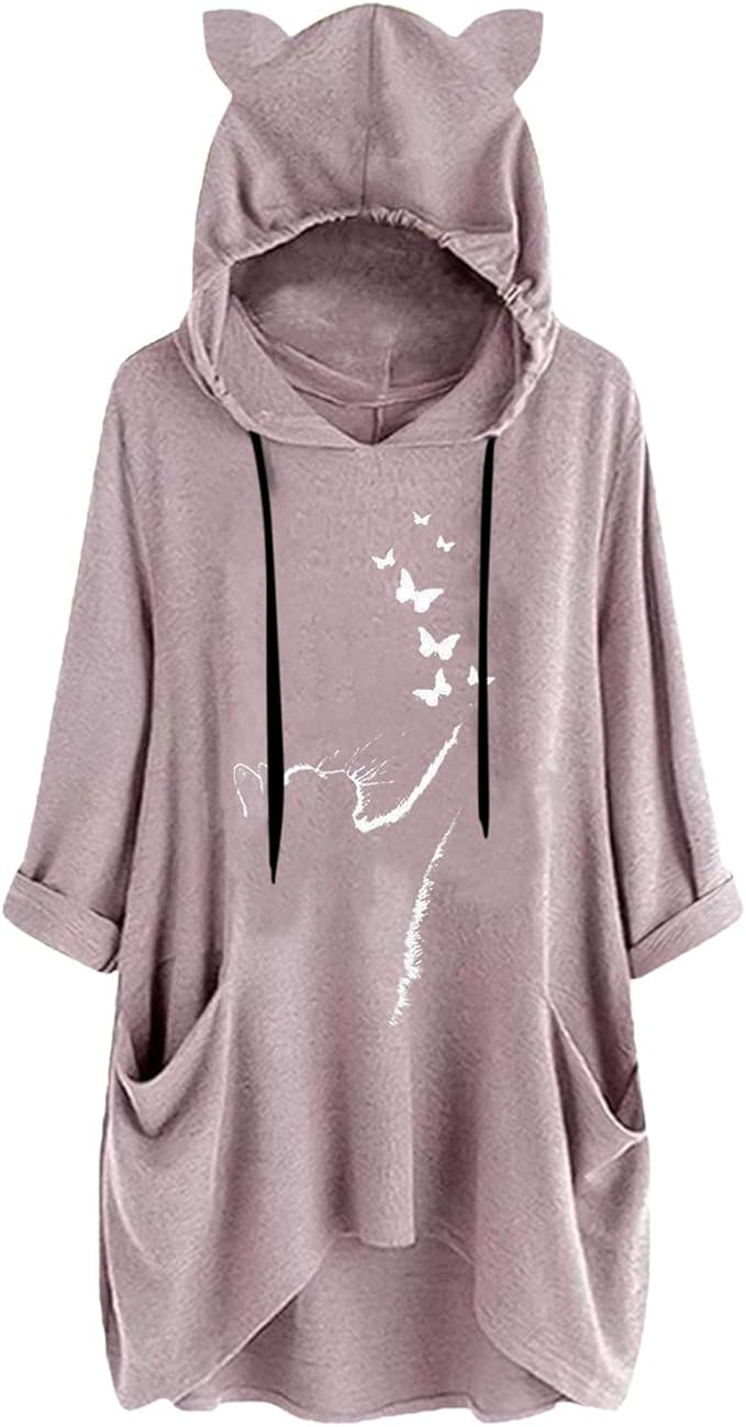 Amazon Co Jp パーカー 夏 レディース アウター レディース パーカー コート レディース 夏服 レディース トップス 夏服 レディース おしゃれ レディース パーカー 夏 パーカー ゆったり Ruji パーカー レディース 可愛い プルオーバー トレーナー猫柄 長袖 猫耳フード