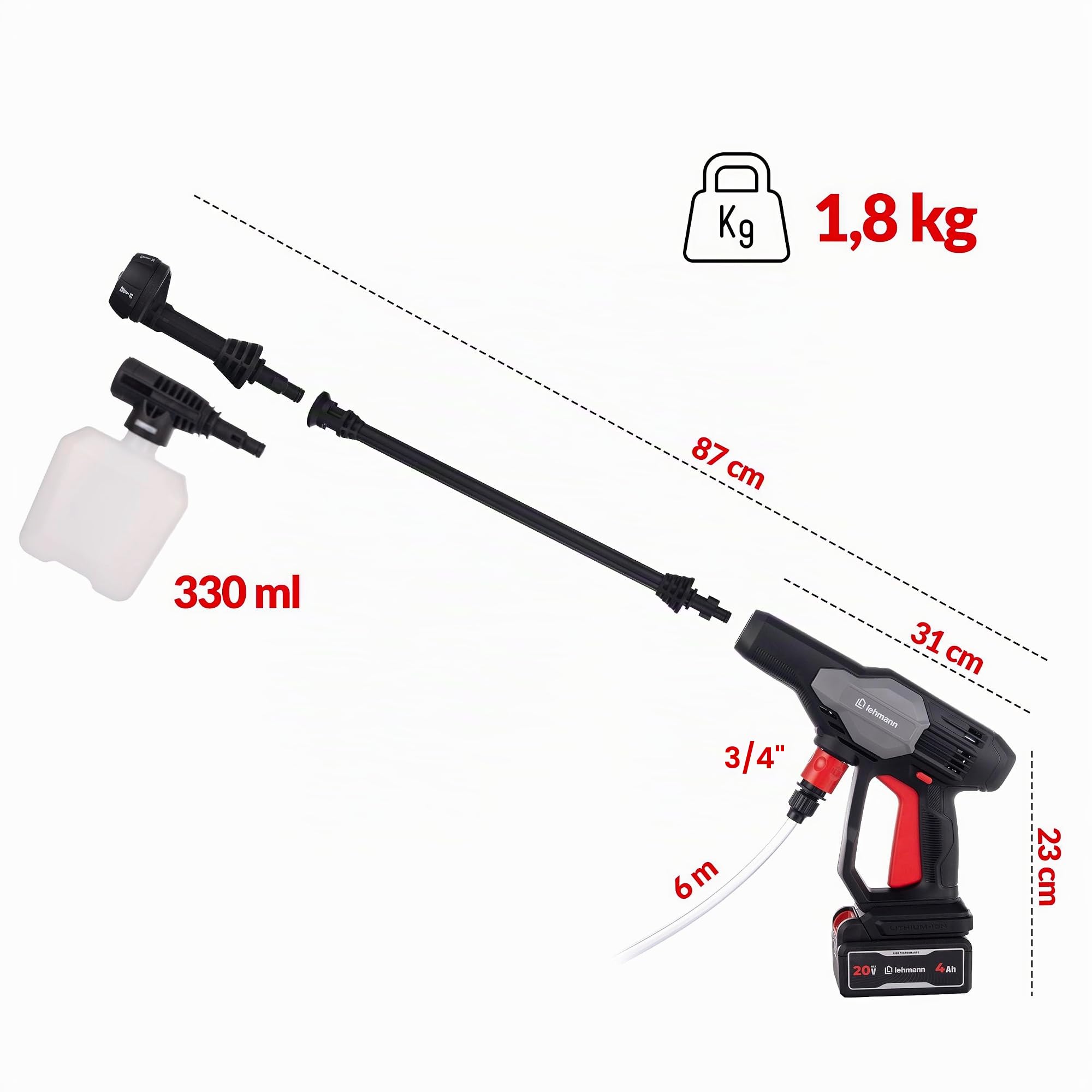 Lehmann Stream Nettoyeur Haute Pression sans Fil 20V Max avec Batterie 4Ah, Nettoyeur Haute Pression sur Batterie Portable, Buse 5-en-1, Tuyau 6 m et Canon à Mousse pour Voiture, Terrasse et Vélo