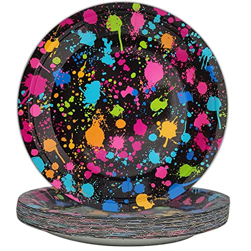 Image of gisgfim 24 Pcs Neon Party Plates 7 inch Glow Birthday Party Disposable Paper Dessert Plates Supplies Decorations Glow in Dark Theme Plates Tableware for Birthday Wedding Baby Shower