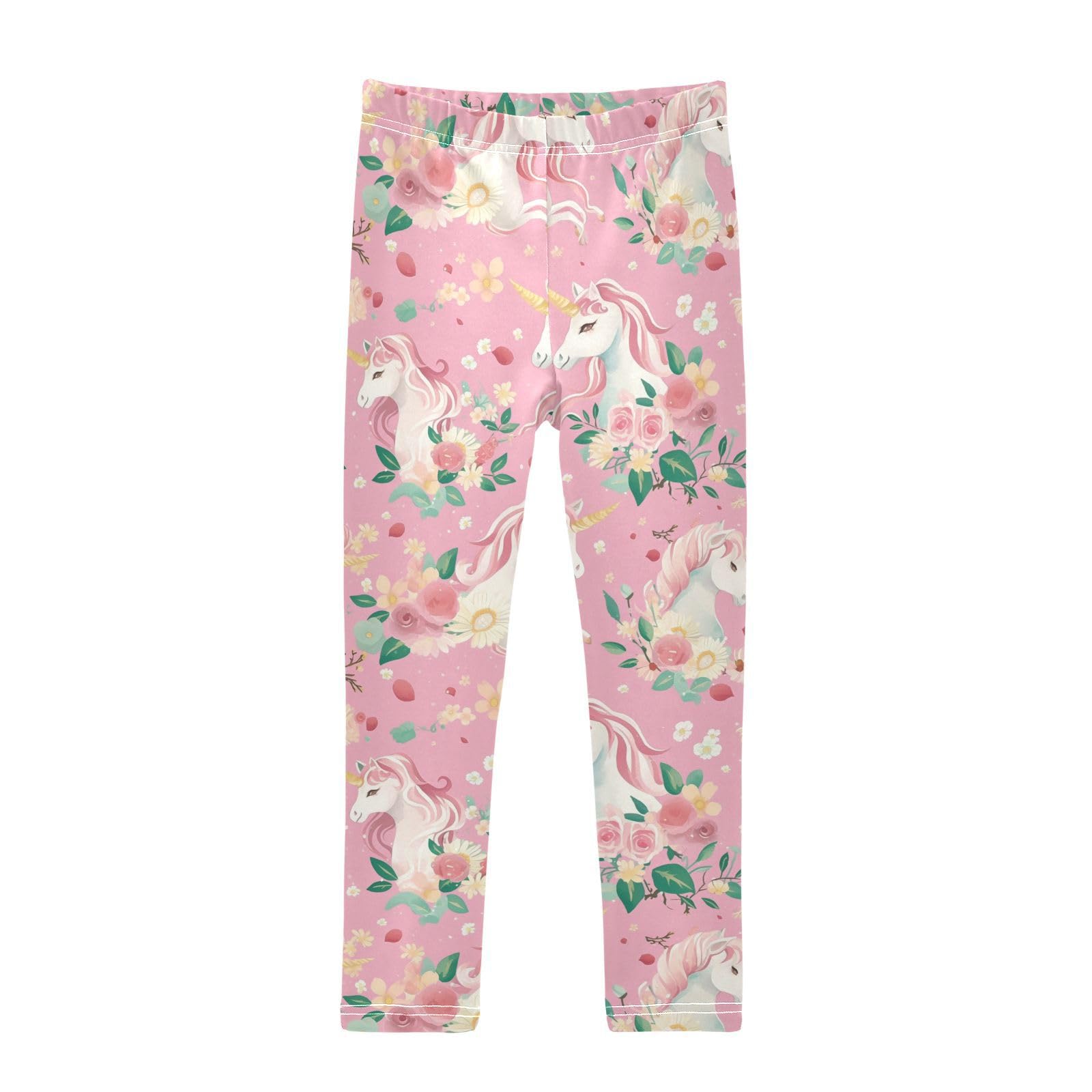 Unicorns Flowers Girls' Leggings Toddler Doodles Pink Flowers Kids Yoga Pants Dance Active Tights 4T