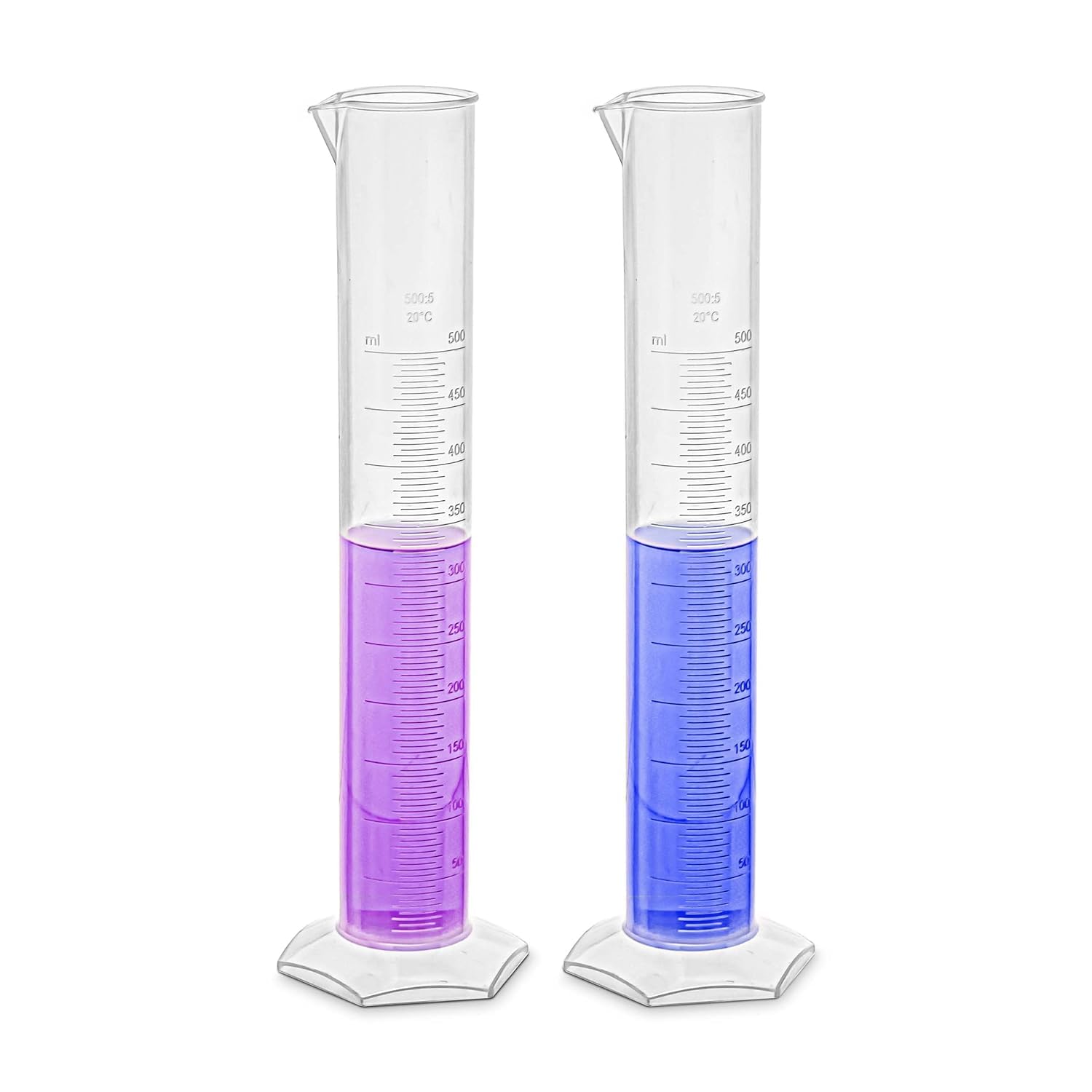 Diamond Cut Polypropylene Measuring Cylinder 500ml Set of 2 Reusable Translucent Graduated Cylinders with Pour Spout and Hexagonal Base for Chemistry Physics School College and Hospital Labs