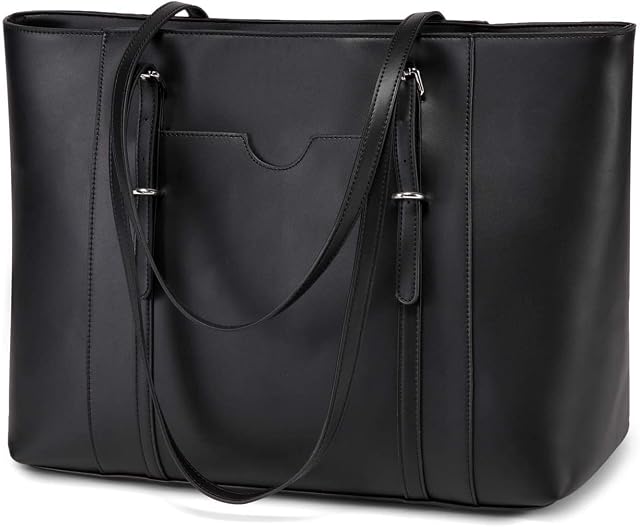 VASCHY Laptop Tote Bag for Women, PU Leather Water Resistant Handbag for Travel, Work, School Teacher Shoulder Bag Fits 15.6 inch Laptop (Black)