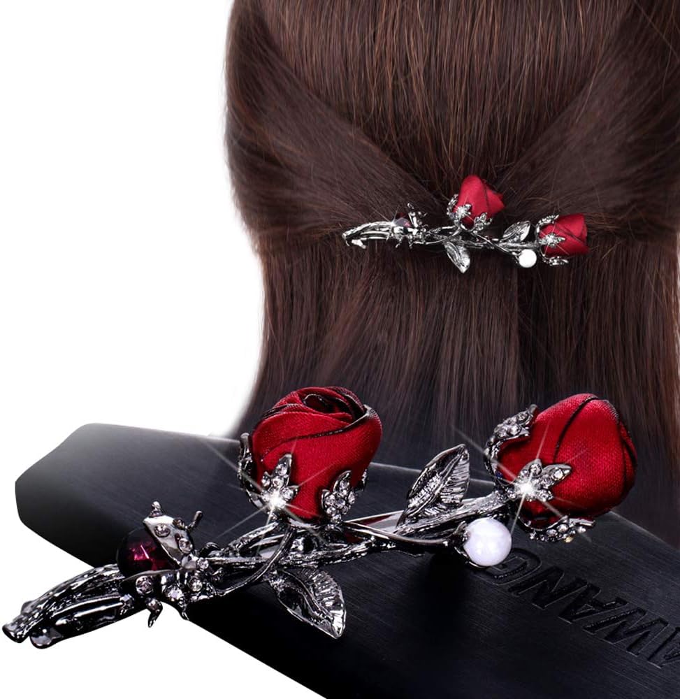 Elegant Rhinestones Rose Flower Metal Hair Clips Hair Barrette Ponytail Holder Slide Clips Hair Jewelry for Wedding,Party (Red)