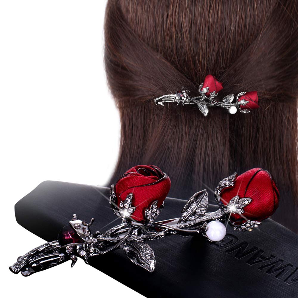 Elegant Rhinestones Rose Flower Metal Hair Clips Hair Barrette Ponytail Holder Slide Clips Hair Jewelry for Wedding,Party (Red)