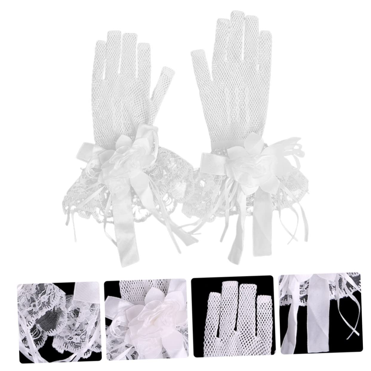 Abaodam Guantes de Novia de Malla y Encaje Floral Beige 1 Par