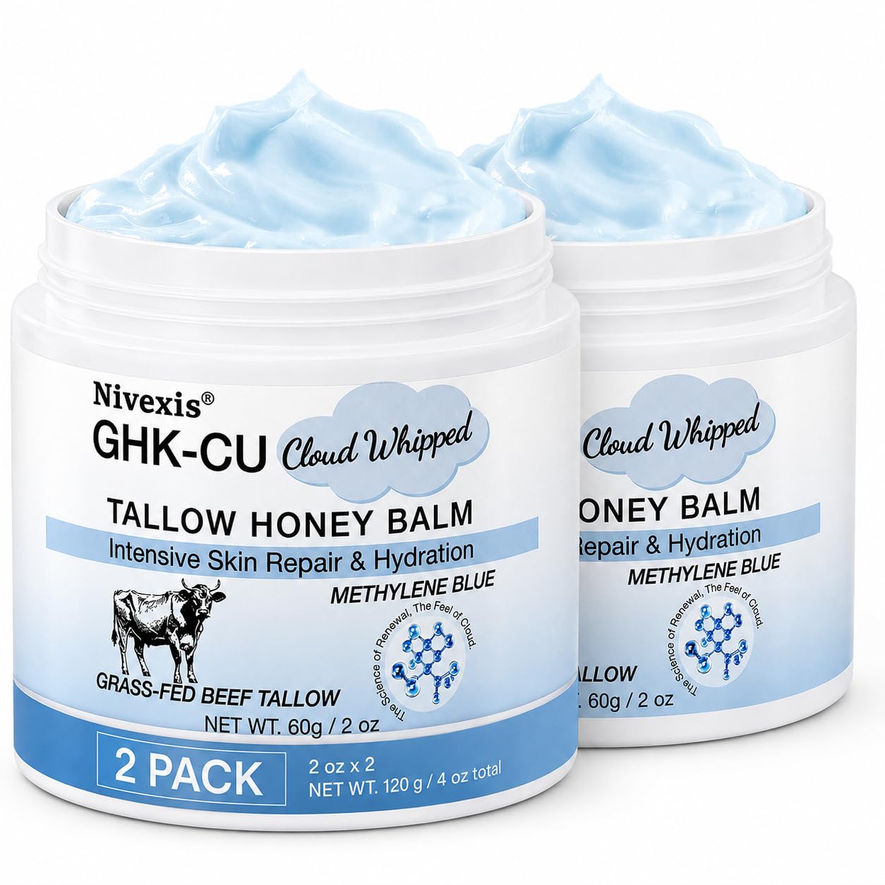 GHK-Cu Peptide Tallow Honey Balm for Face and Body, 2 Oz 2 Pack | Grass-fed tallow, Manuka honey, GHK-Cu Peptides and Methylene Blue for Dry, Mature, Sensitive skin