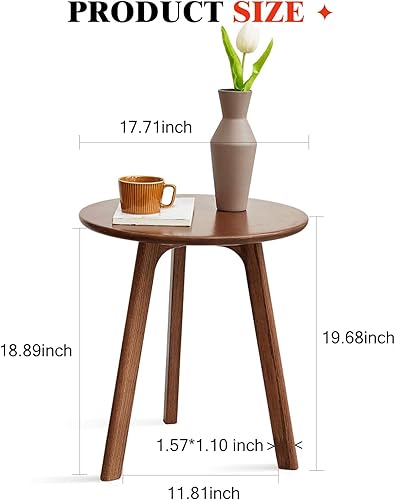 Miniatura 2 de Mesa auxiliar redonda 100% roble macizo, mesa auxiliar pequeña para espacios pequeños, mesas auxiliares de sala de estar de 3 patas con marco