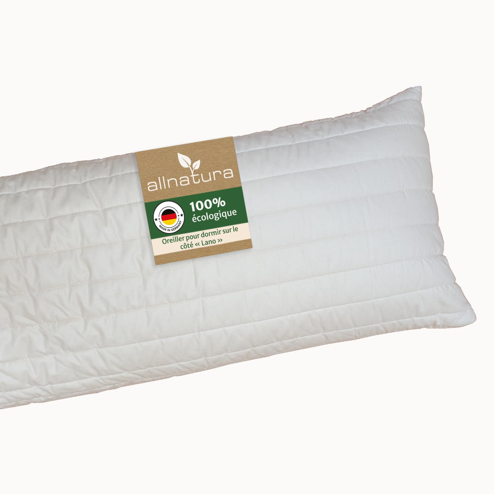 allnatura Grand Coussin pour dormeurs latéraux Lano avec Housse en Coton Biologique 40x140 – Coussin Durable et Ajustable en Flocons de Laine et de Latex – Lavable en Machine & fabriqué en Allemagne