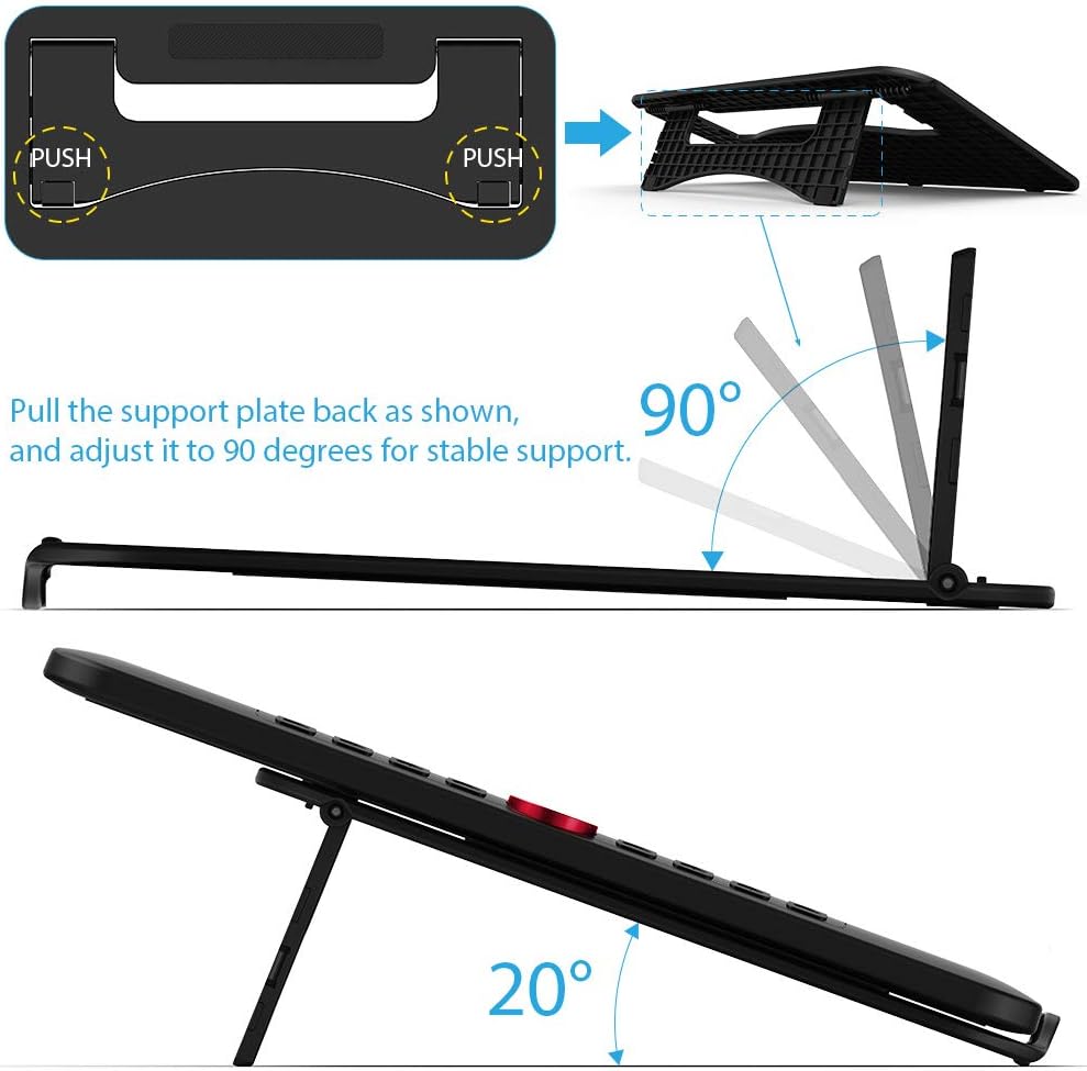 Diagram showing how to unfold the XPPen AC41 stand by pressing and pulling the support plate to a 90-degree angle, with a tablet placed on it at a 20-degree tilt.