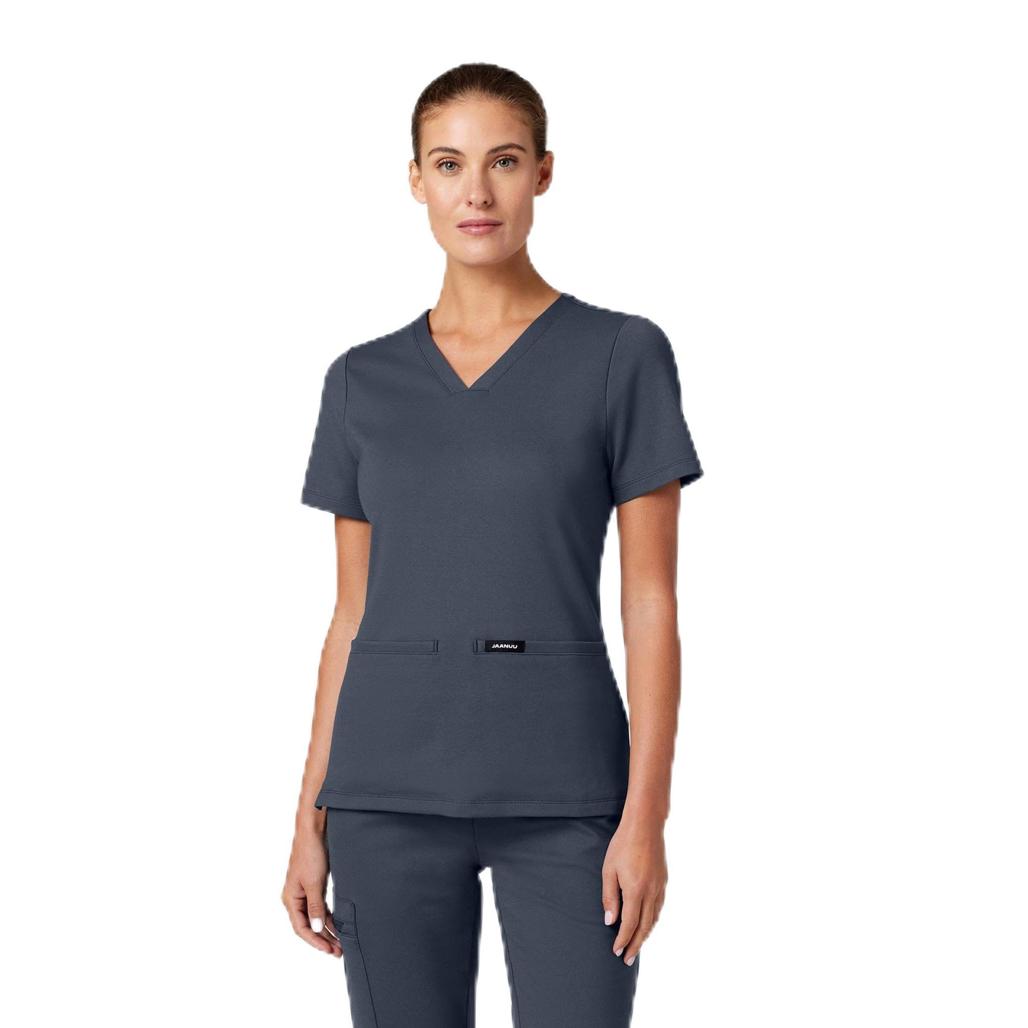 JAANUU Cesi Womens V-Neck Scrub Top Ultrasoft 4-Way Stretch Moisture-Wicking Slim Fit Medical Uniform Top with 2 Pockets