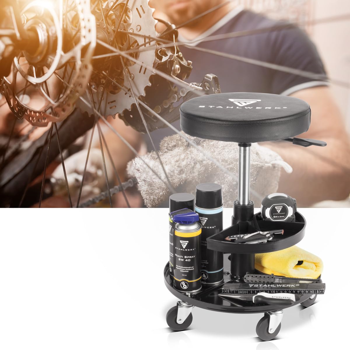 STAHLWERK WRH-295 ST Tabouret d'atelier pivotant avec roulettes pivotantes et compartiments de rangement réglables en hauteur Capacité de charge de 130 kg