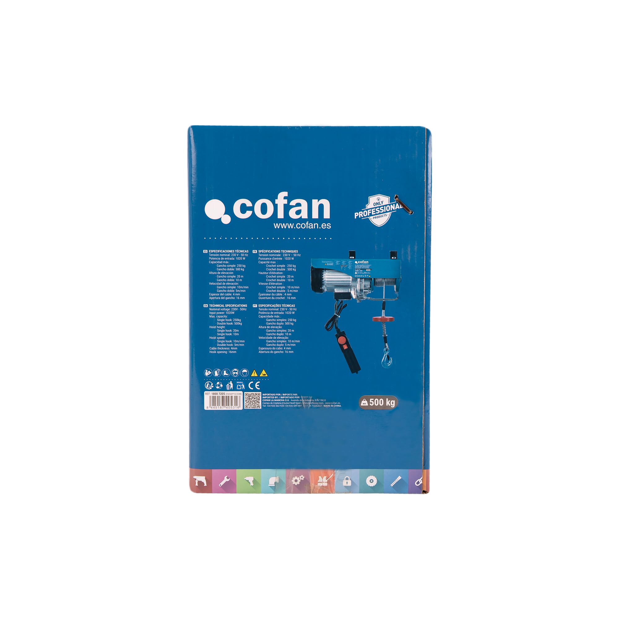 Cofan Polipasto eléctrico 1020 W | Capacidad de carga: 250/500 kg | Altura de elevación: 10/20 m | Parada de emergencia | Incluye mando | Protección IP54