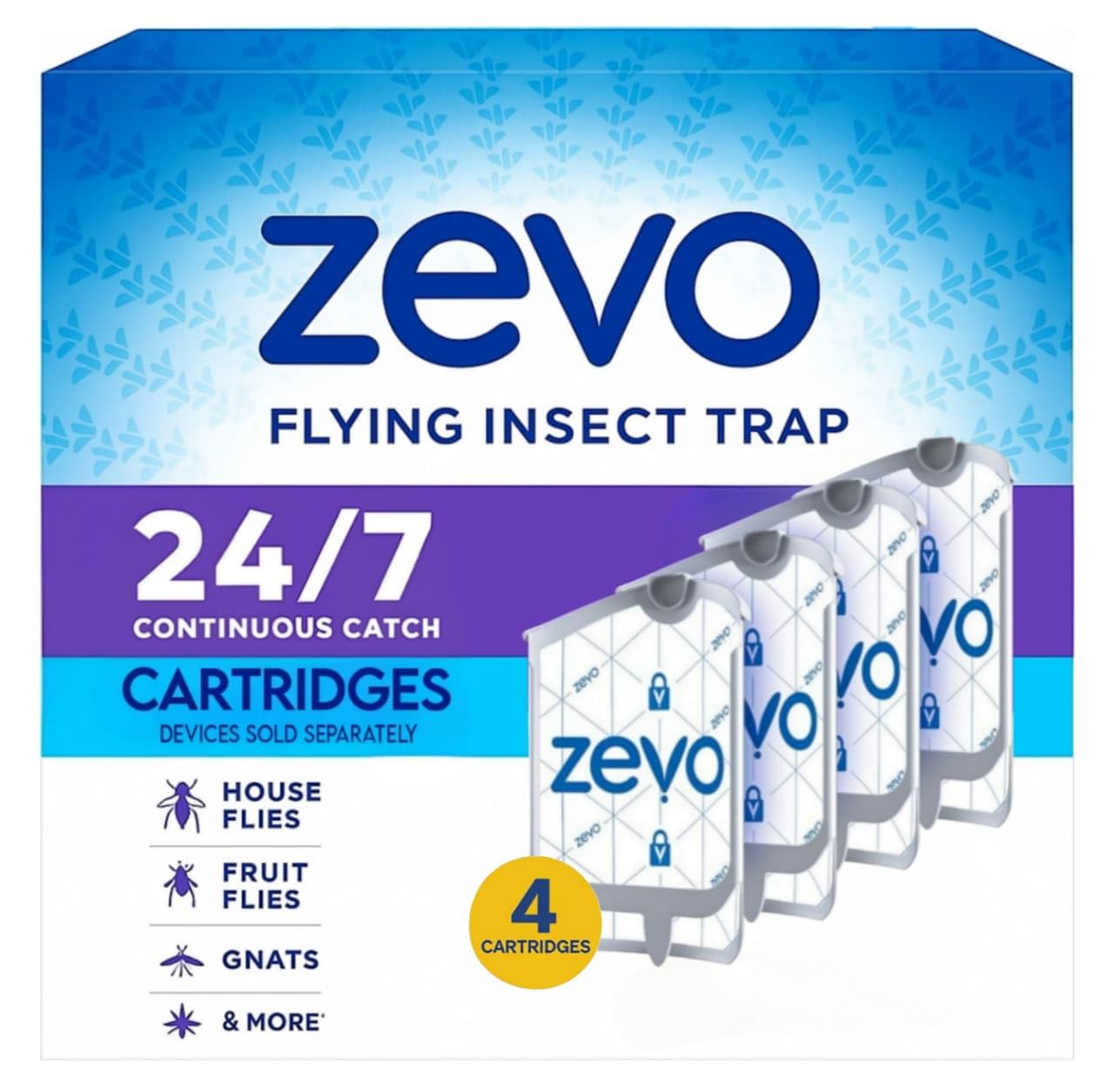 Zevo Compatible Insect Trap Refills – 4-Count Cartridge Pack | Indoor Fly, Gnat &amp; Fruit Fly Catcher Replacements