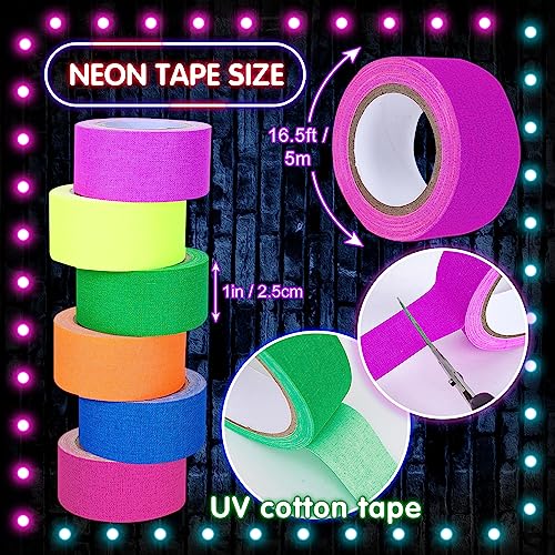 Image of Whaline 6 Colors Neon Gaffer Cloth Tape Fluorescent Rainbow Color UV Blacklight Tape Neon Duct Reflective Tapes for UV Party Theatres Staged Dark Areas(1 inch x 16.5 feet)