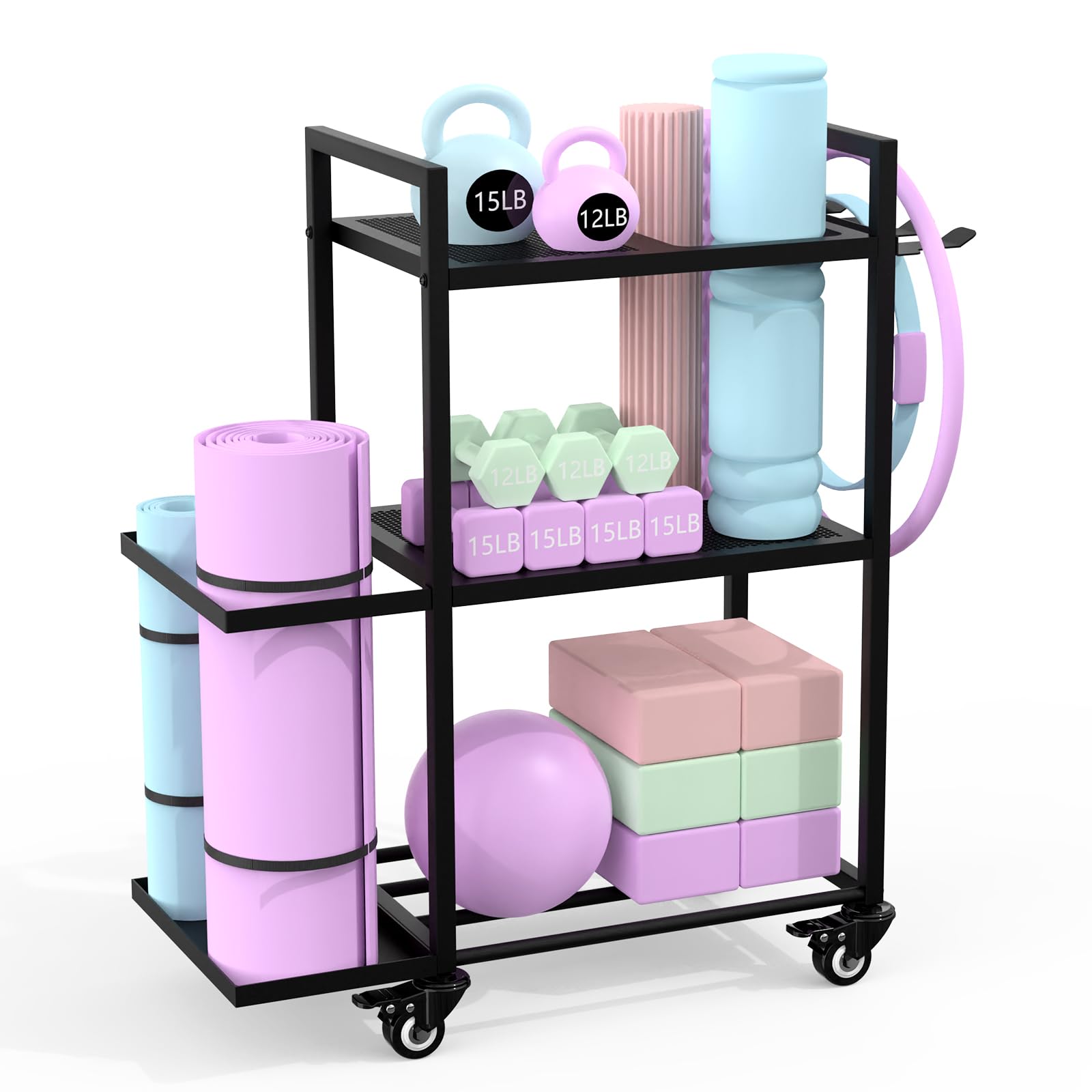 3-Tier Dumbbell Rack, Multifunctional Barbell Stand, Home Gym Storage for Dumbbells, Kettlebells, Yoga Block – Yoga Mat Organizer with Wheels and Hooks