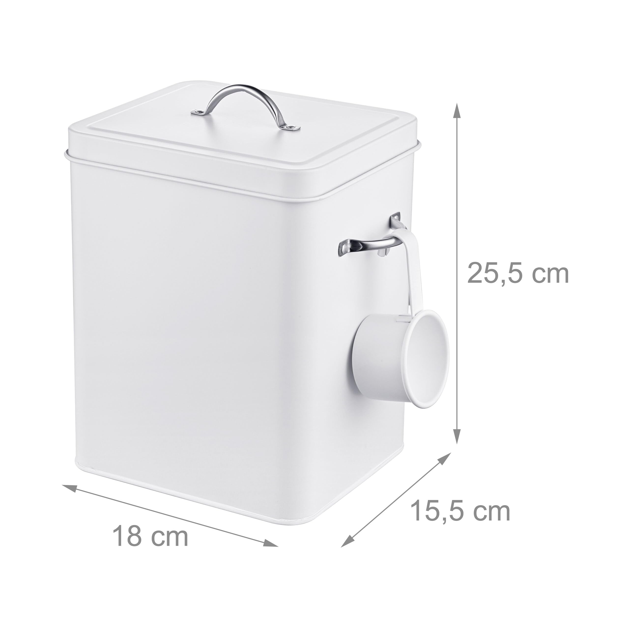 Relaxdays Contenitore per Polvere in Metallo 6L con Coperchio e Misurino, Design retrò, Bianco, 25.5x18x15.5 cm