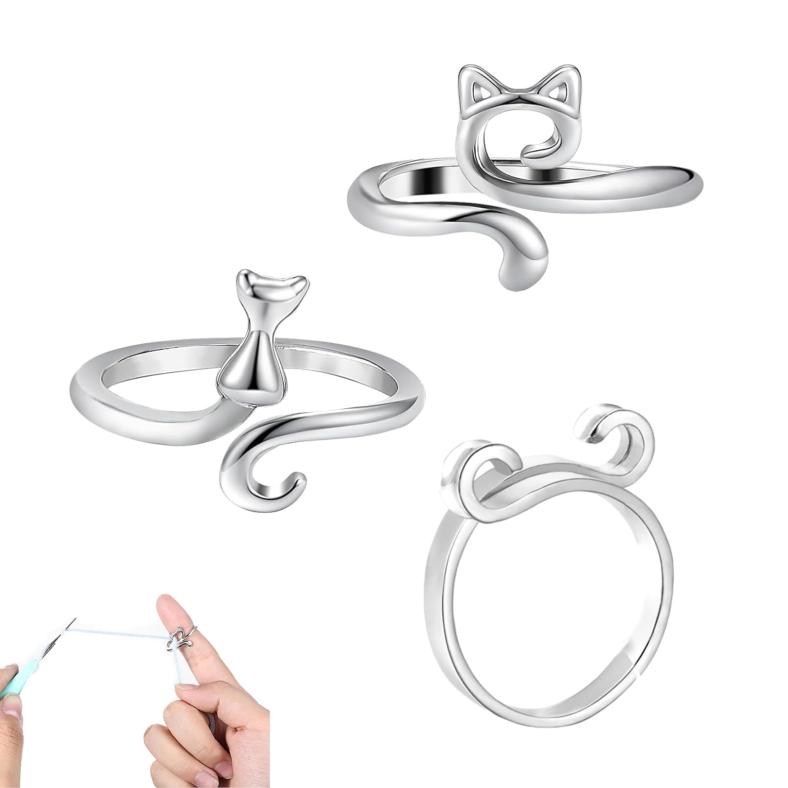 3 PCS Crochet Rings for Fingers, Crochet Tension Ring, Tension Ring for Crocheting, Adjustable Crochet Rings, for Faster Knitting(Silver)