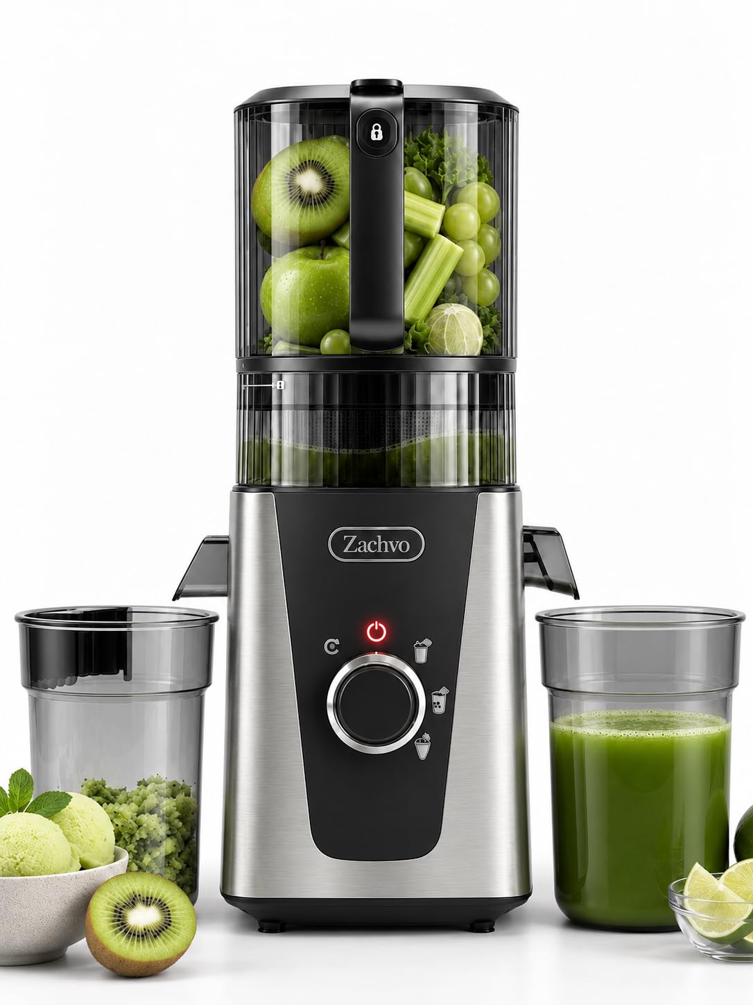 ZACHVO Slow Juicer Entsafter Gemüse und Obst Testsieger, 150 mm Öffnung | Integriertes Vorschneidmesser & 3 Siebeinsätze (Saft & Sorbet), BPA-freies Tritan, 50–70 U/min Schonende Kaltpressung