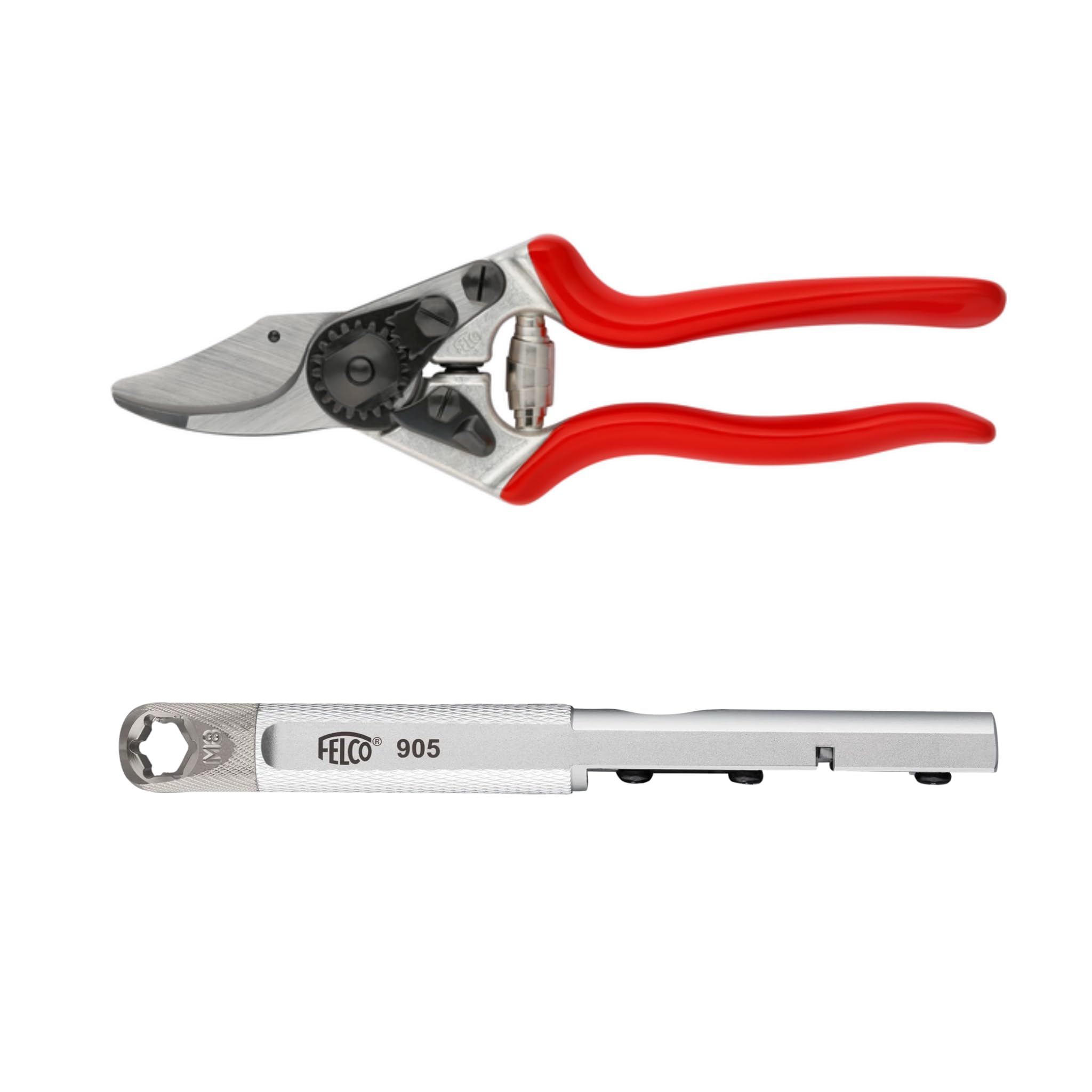 FELCO 2-teilig: Bypass-Gartenschere FELCO 6 + Schärfer 905, Rechtshänder, Mittelgroße Hand, 20mm, Multifunktionales Klingenpflegewerkzeug