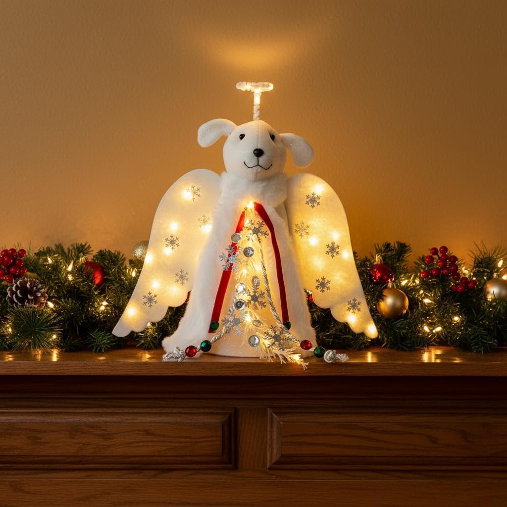 iHeartDogs Christmas Tree Topper Decoration - The Original Dog ‘Christmas Miracle’ Angel Dog Tree Topper LED Lighted Halo, Snowflake Garland & Wings Decor Ornament, Holiday Decoration - Image 2