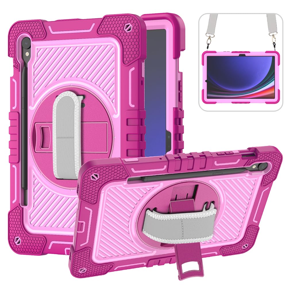 Dteck Galaxy Tab S9 FE/S9 Tablet Case with S Pen Holder, 360 Rotating Kickstand, Heavy Duty Drop-Proof Protection, Shoulder Strap - Rose+Pink