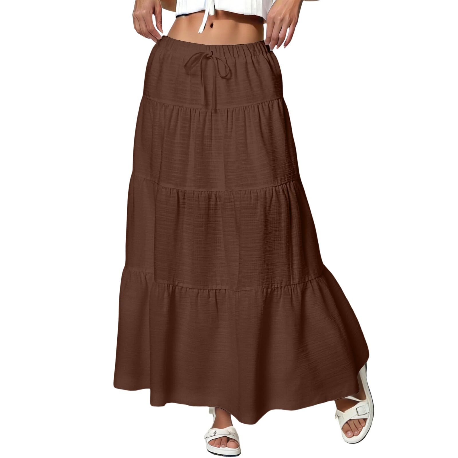 Spring Skirts for Women Trendy Casual Pleated Flowy Long Linen Skirt High Waisted A Line Gauze Tiered Midi