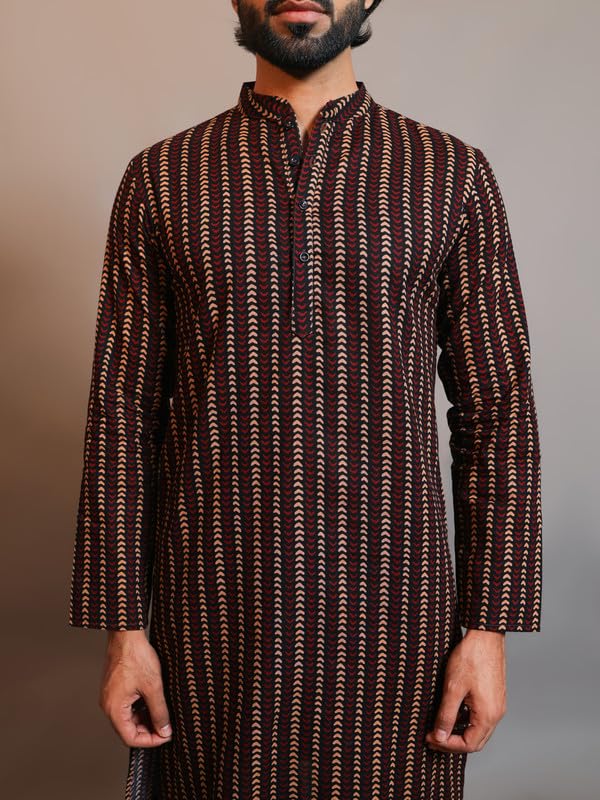 Image of Vastraa Fusion Men's Printed Kurta Pure Cotton Long Kurta, Round Collar, Full Sleeves, Button Kurta, Ethnic Wear