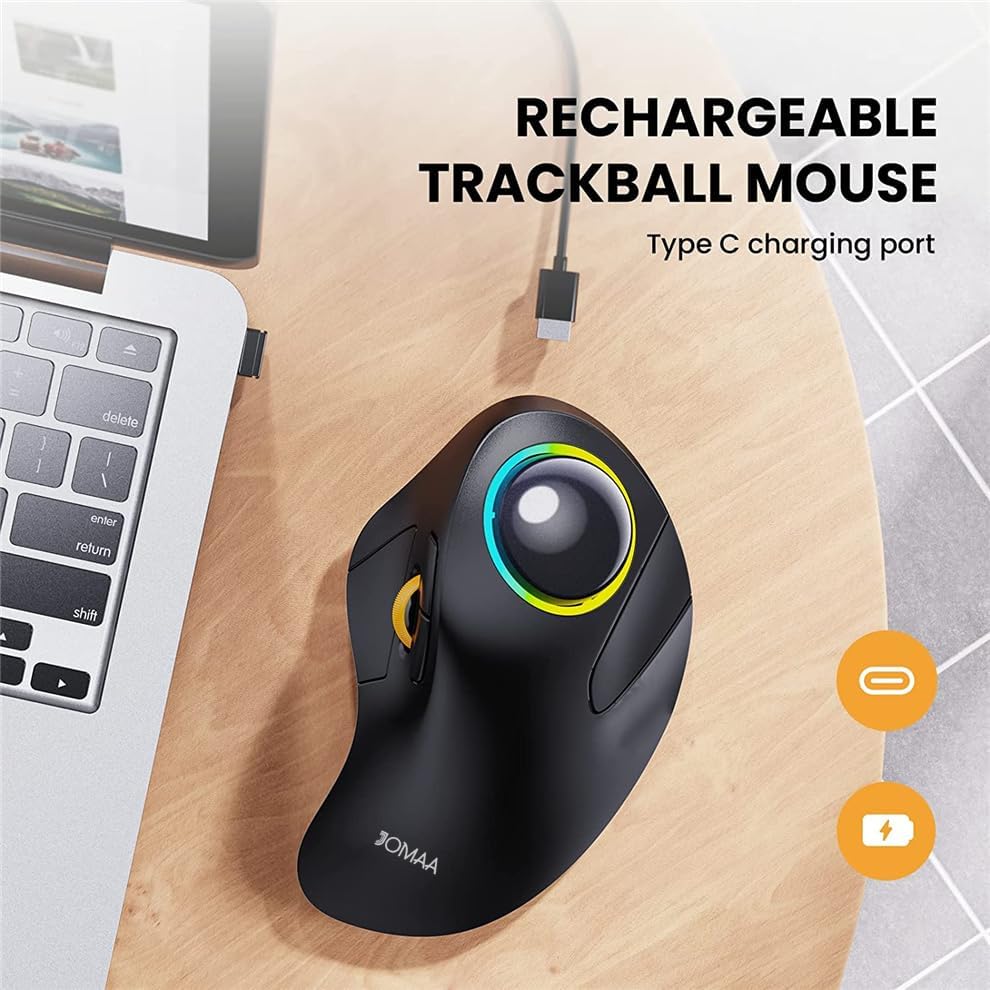 JOMAA Trackball Mouse charging via USB-C cable.