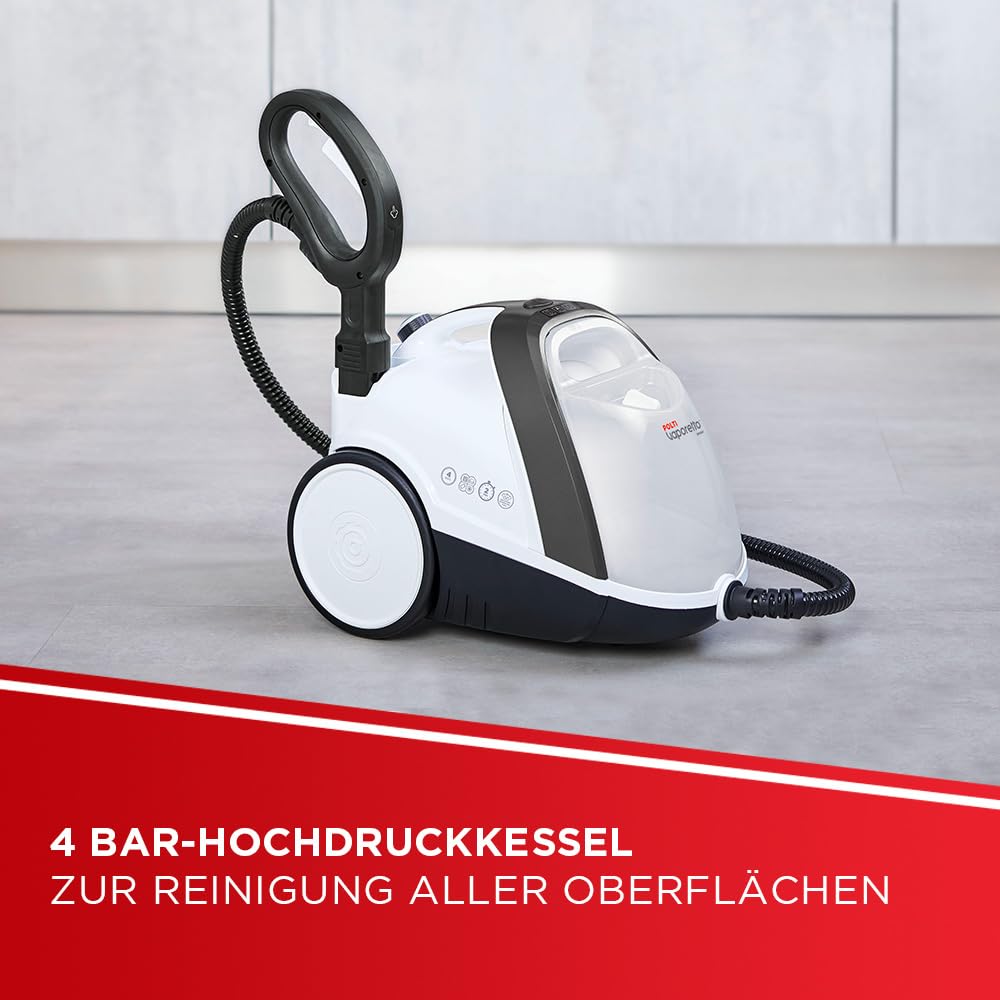 Polti Vaporetto Smart 120, Dampfreiniger mit Kessel, 4 bar Druck, maximale Leistung 1500 W, herausnehmbarer 2-Liter-Tank, Aufheizzeit 2 Minuten, 14 Zubehörteile inklusive, Weiß und Schwarz