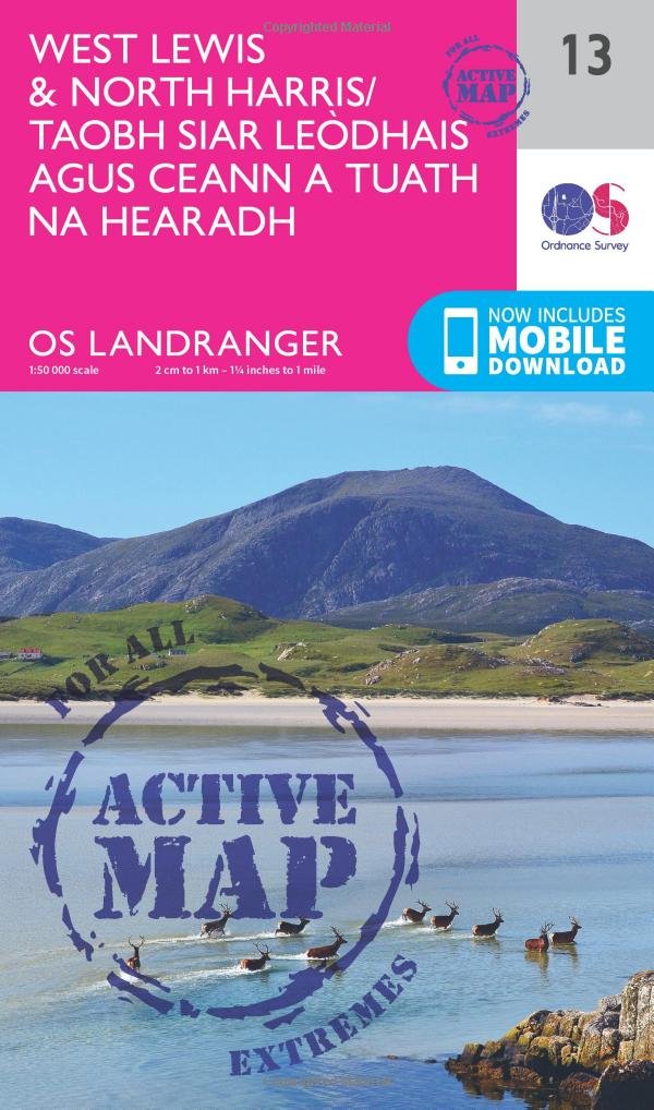 Ordnance Survey Unisex Pink Landranger Active 13 West Lewis & North Harris Map With Digital Version